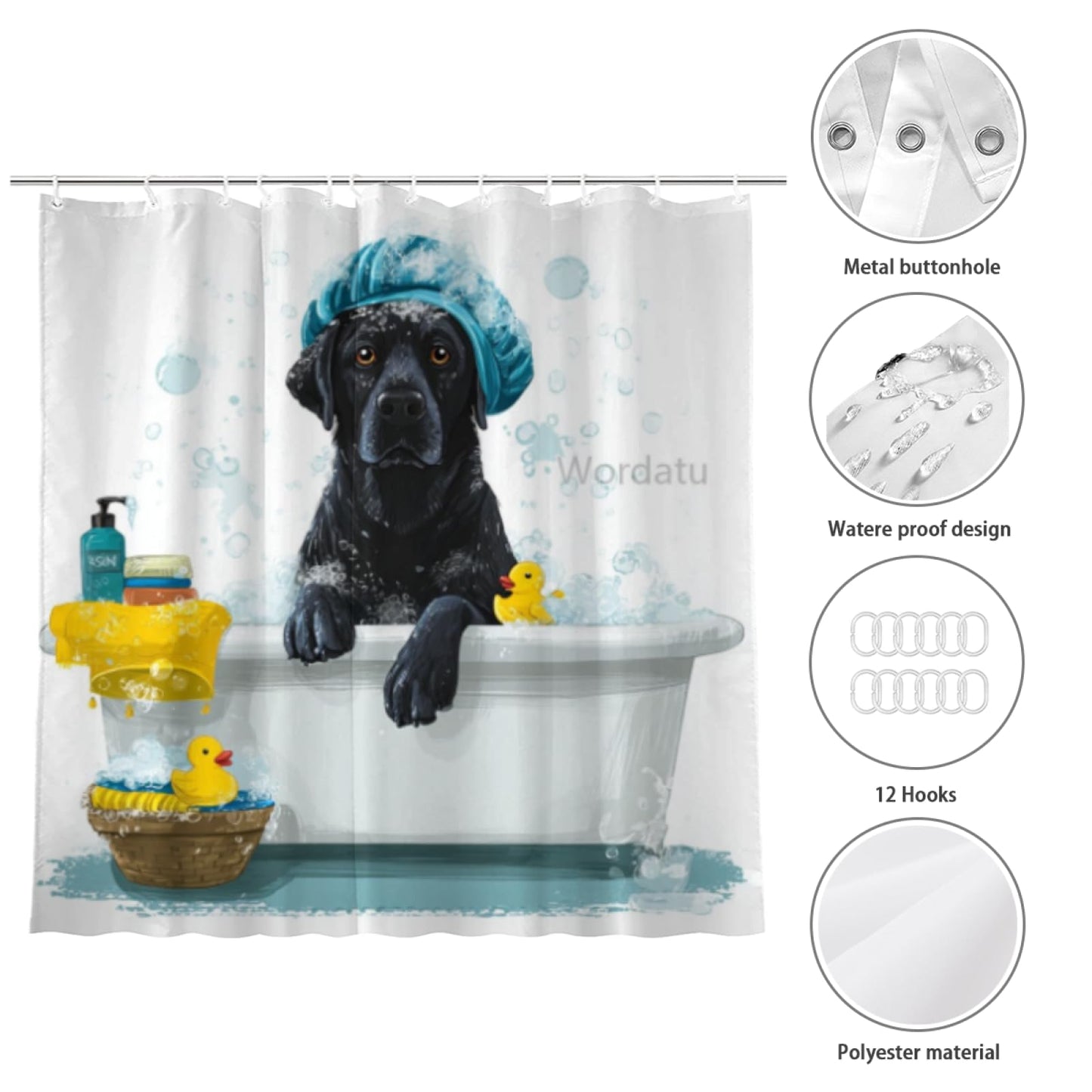 Wordatu Cute Black Labrador Dog Kids Shower Curtain for Bathroom Decor Funny Animal Child Lovely Farmhouse Pet Footprint Fabric Waterproof Polyester 12 Hooks 72x72 Inches