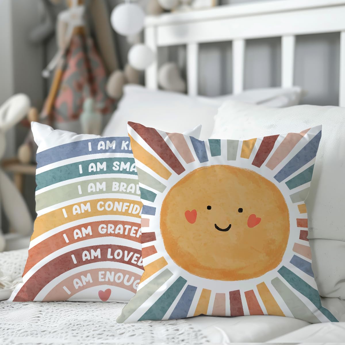 2 Pcs Boho Reading Corner Throw Pillow Covers 18x18 Inch, Positive Affirmation Rainbow Throw Pillows Square Cushion Covers, Rainbow Decorative Pillows for Calming Corner Nursery Toddler Room Playroom