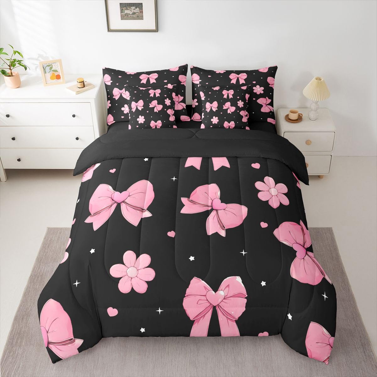 Erosebridal Bowknot 7 Piece Comforter Set King Size Black Pink Bedding Set for Girls Kids Bedroom Pink Bows Comforter Microfiber Bow Heart Pattern Bed in A Bag with Sheets Flower Bed Set