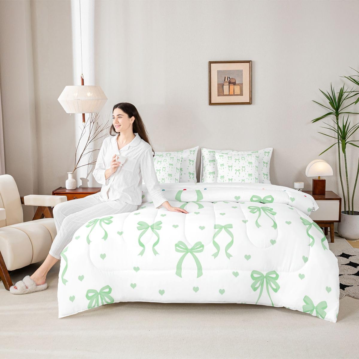 Erosebridal Coquette Bowknot Full Comforter Set Bow Tie 7 Pieces Bedding Bow Decor Bed Set with Sheets Preppy Princess Bed in A Bag Bedroom Decor