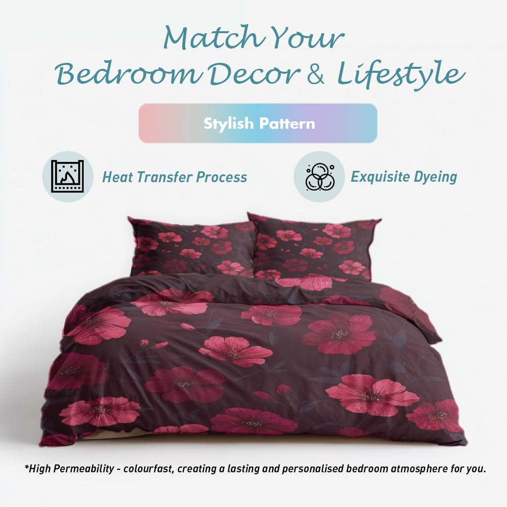 Burgundy Pink Floral Full Duvet Cover Set 3 Piece, Botanical Flower Reversible Bedding with 2 Pillow Shams, Zipper & Ties, Ultra Soft Microfiber, Floral Bedroom Decorations 79A-I