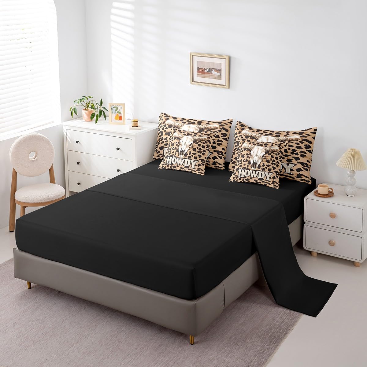 jejeloiu Cow Skull Comforter Set with Sheets Twin Size Kids Longhorn Skull 7 Pieces Bedding Set for Boys Girls Teens Leopard Print Bed in a Bag Breathable Western Bed Set Brown Black