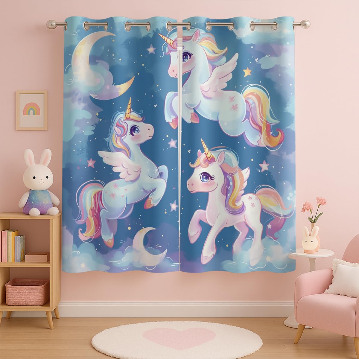 Cartoon Unicorn Blackout Curtains for Girls Boys Kids Home Decor, Fantasy Cute Unicorn Stars Moon Grommet Thermal Insulated Drapes Darkening Window Curtain for Bedroom Living Room, 42 x 45 Inch