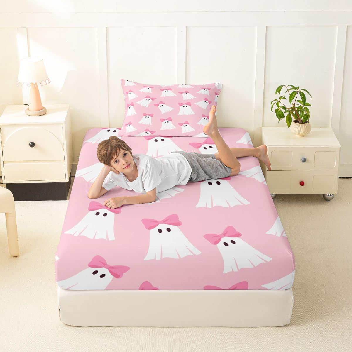 Feelyou Cute Pink Halloween Bed Sheets Set Twin Size Halloween Bow Ghost Bed Set Kawaii Ghost Deep Pocket Fitted Sheet Breathable Soft Lightweight Microfiber