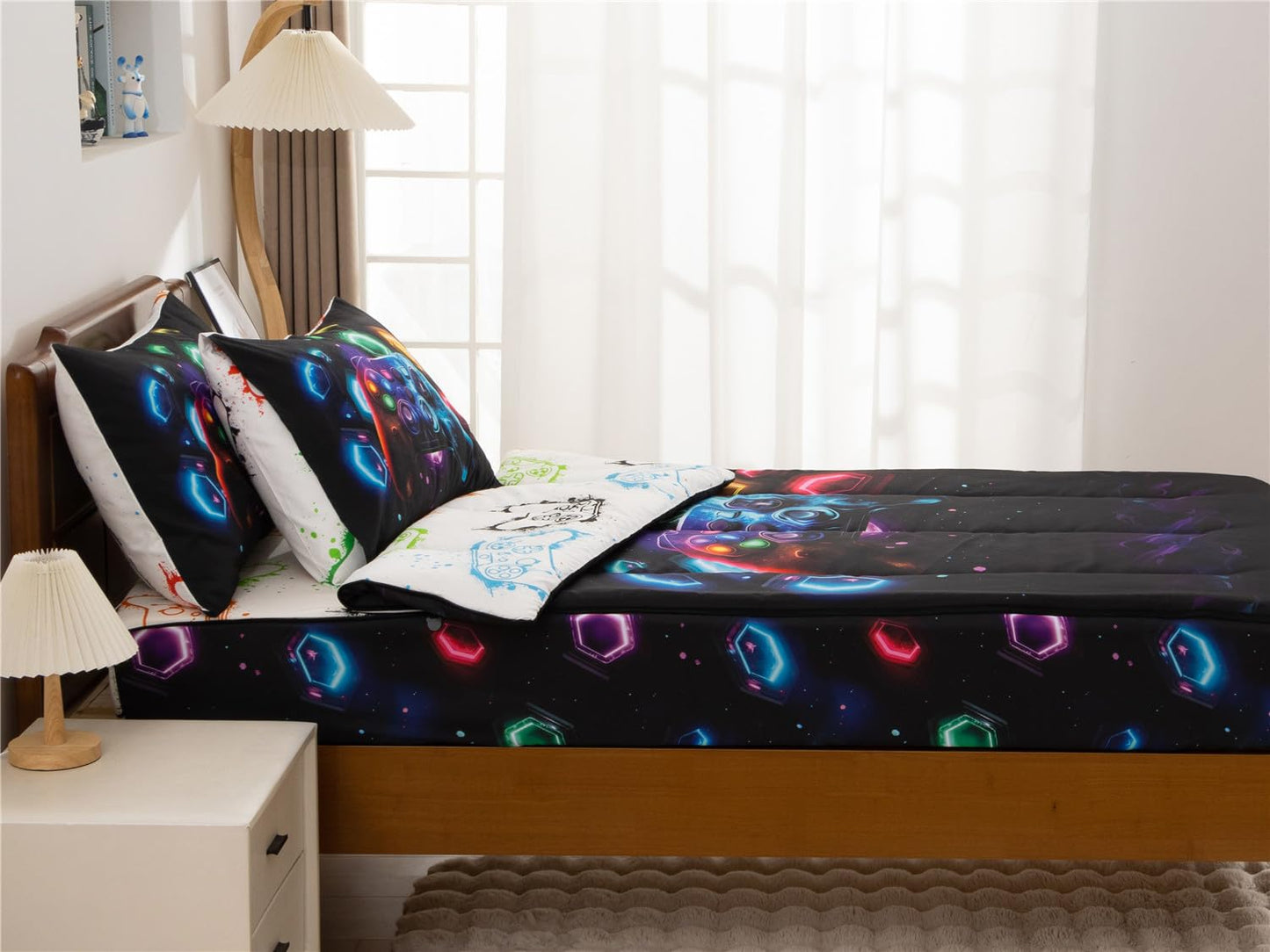 NTBED Gamer Printed Zipper Bedding Sets Twin for Kids Boys Lightweight Microfiber Space Comforter Set with Fitted Sheet Pillow Covers,Black
