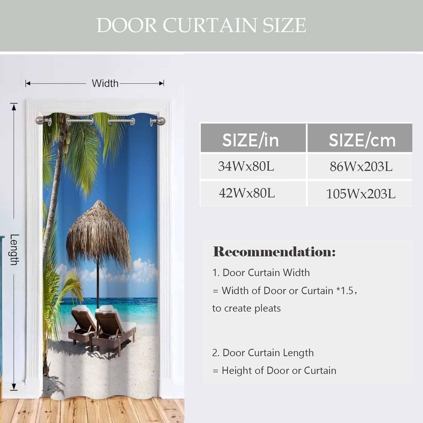Haciadan Palm Beach Door Curtain for Doorway Window Chairs Umbrella Tropical Ocean Doorway Privacy Blackout Curtain Door Dividers Closet Door Cover Curtain 34" W X 80" L,1 Panel