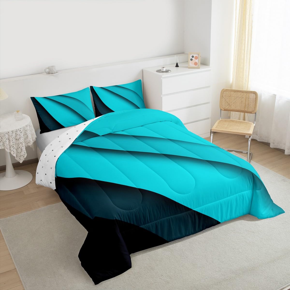 jejeloiu Geometric Bedding Set Full Blue Black Abstract Stripes Comforter Set for Kids Abstract Art Comforter Women Men Teens Soft Lines Decor Quilt Boys
