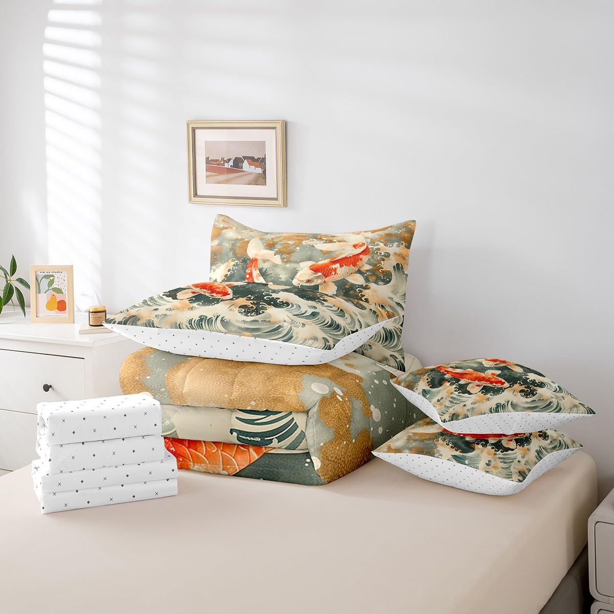 Erosebridal 7 Piece Koi Fish Queen Comforter Set,Japanese Ocean Waves Bedding Set with Sheets,Vintage Oriental Theme Bed in a Bag Ukiyoe Style Bed Set with Fitted Sheet,Flat Sheet,Pillowcases