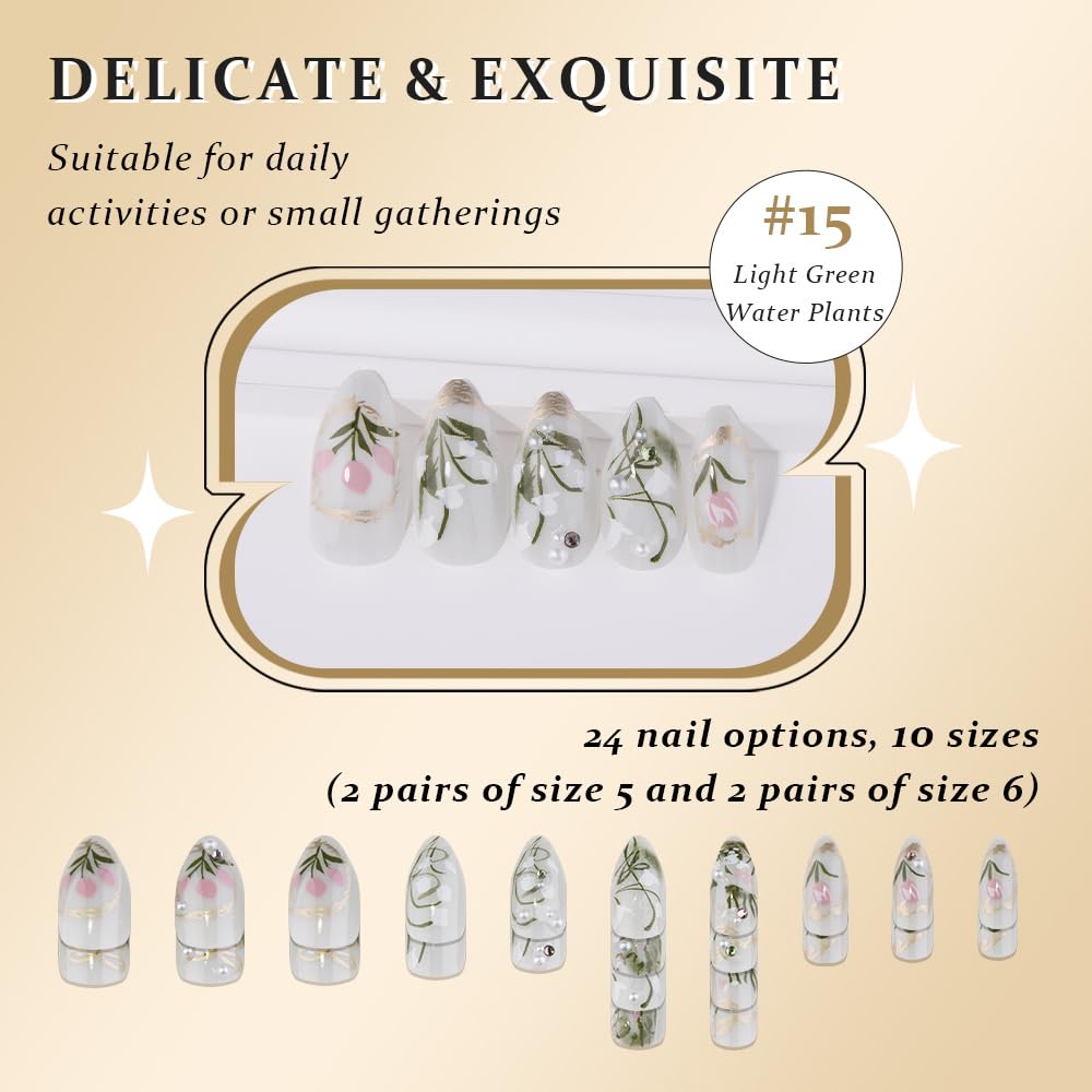 evpct 3D Light Green Handmade Press On Nails Almond Medium, 3D Water Plants Design Fake Nails Rusable for Spring & Summer Daily Wear, False Acrylic Nail with Kits Press ons Nail for Women Gift, 24Pcs