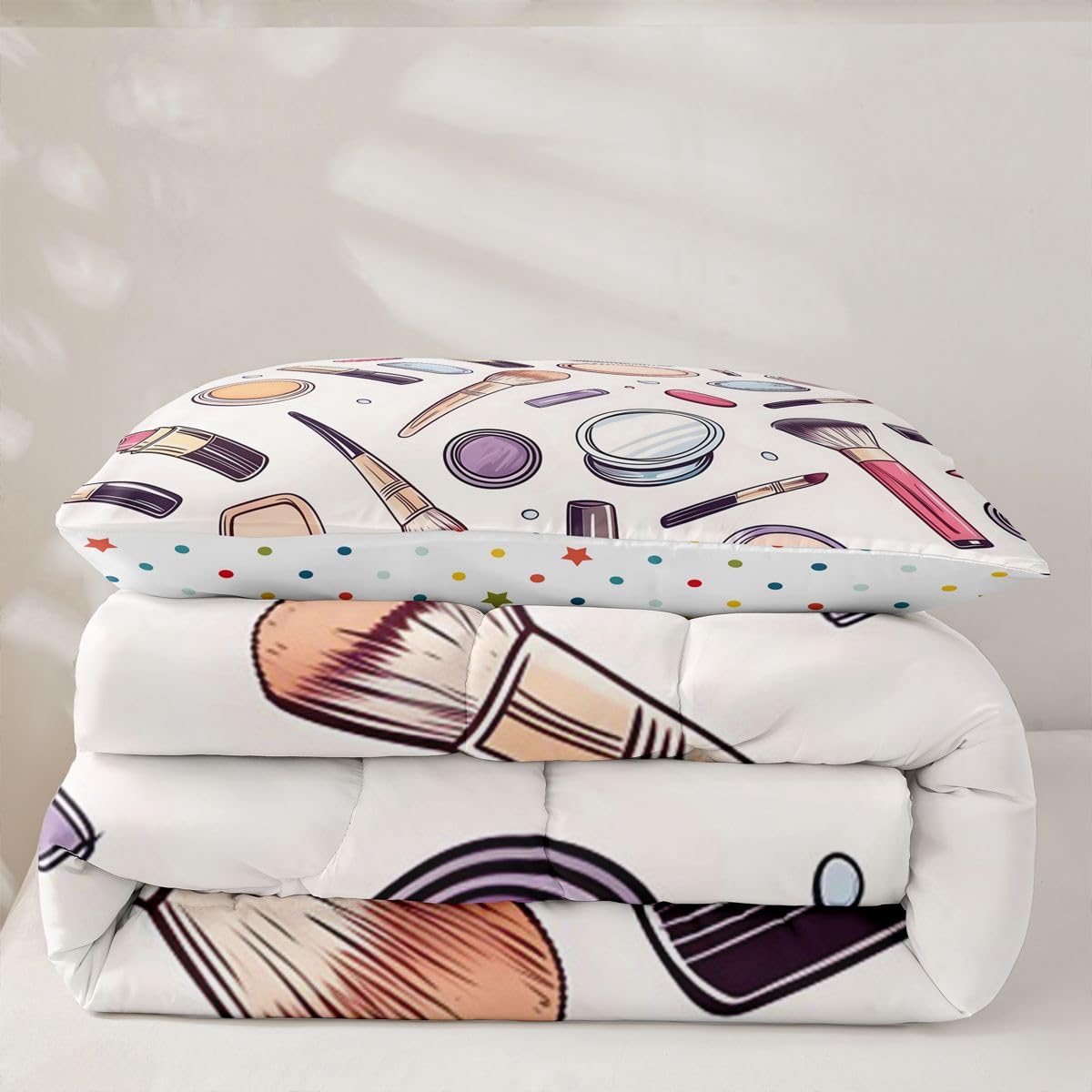 Erosebridal Cosmetics Perfumes Comforter Set Fashion Girl Twin Bedding Sets for Girls Kids Teens Child Makeup Pattern Comforter Nail Polish Decorative Quilt