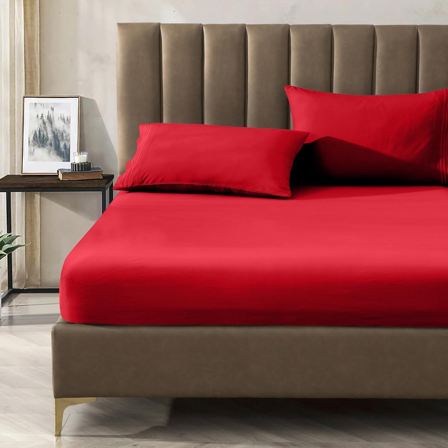 CELINE LINEN Premium 1800 Hotel Quality Wrinkle-Resistant 4-Piece Microfiber Sheet Set - Luxury Ultra Soft and Breathable Bedding 16 Inch Deep Pocket 4PC Sheet Set, King, Red