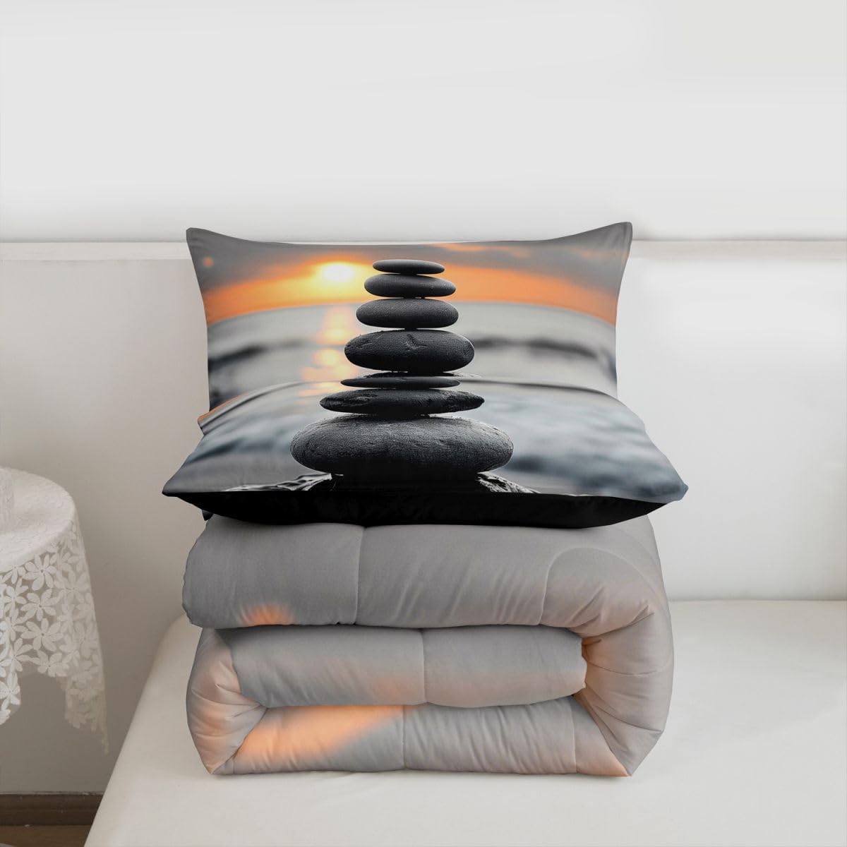 jejeloiu Black Grey Zen Comforter Set All Season Coastal Ocean Beach Bedding Set with 1 Pillow Cases Sunrise Microfiber Kids Toddler Bedclothes Bedroom Decor Duvet Quilt Breathable Soft Lightweight