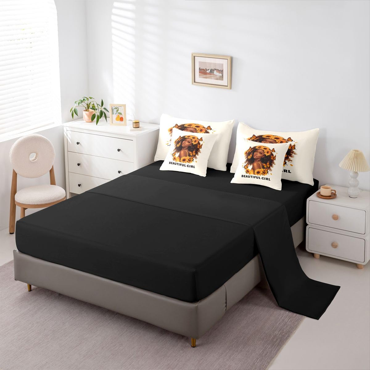 Erosebridal Beautiful Black Girls Queen Bedding Set Vibrant Sunflower Comforter Set with Flat and Fitted Sheet Teen Women Cute Butterfly 7-Piece Bed in a Bag Minimalist Art Quilt Sets