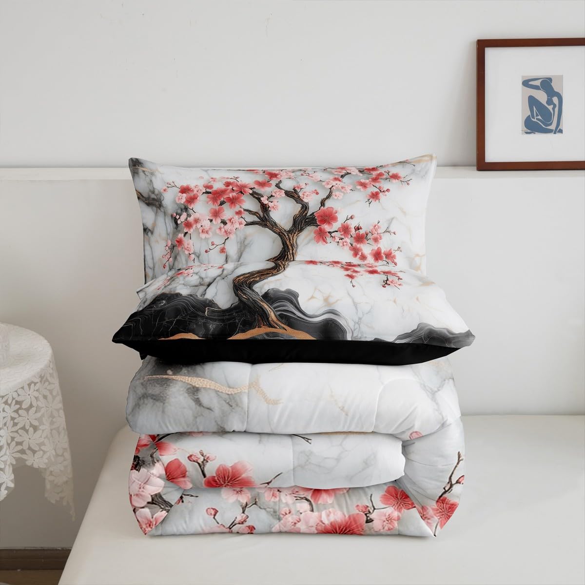 Manfei Cherry Blossom Comforter Set Queen Size,Artistic Black White Marble Texture Paint Bedding Set for Teens Adults,Japanese Style Pink Red Flowers Romantic Comforter,3 Pcs 2 Pillowcases