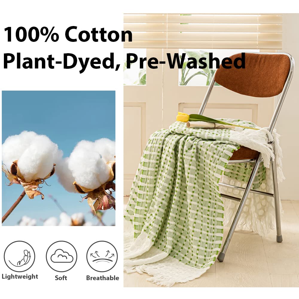 Simple&Opulence 100% Cotton Throw Blanket for Bed, Couch, Yarn Dyed Cable Knitted Jacquard Woven Blanket with Tassels, Soft Lightweight Cozy Breathable Farmhouse Decoration for All-Season(Green)