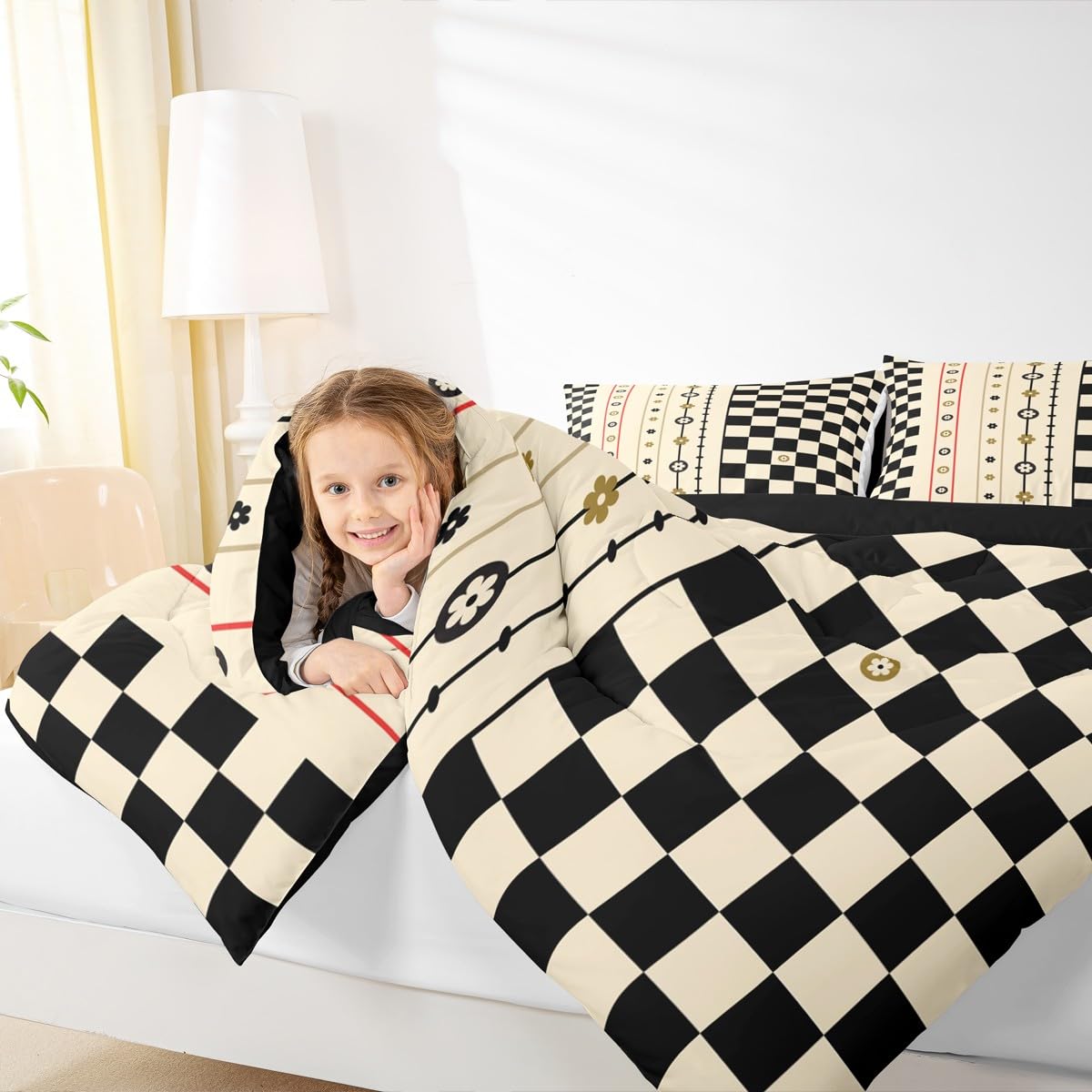 Manfei Geometric Grids Comforter Set Queen Size,Cute Daisy Flowers Abstract Bedding Set 3 Pcs for Teens Adults,Beige Black Stripes Checker Plaids Patchwork Comforter,2 Pillowcases