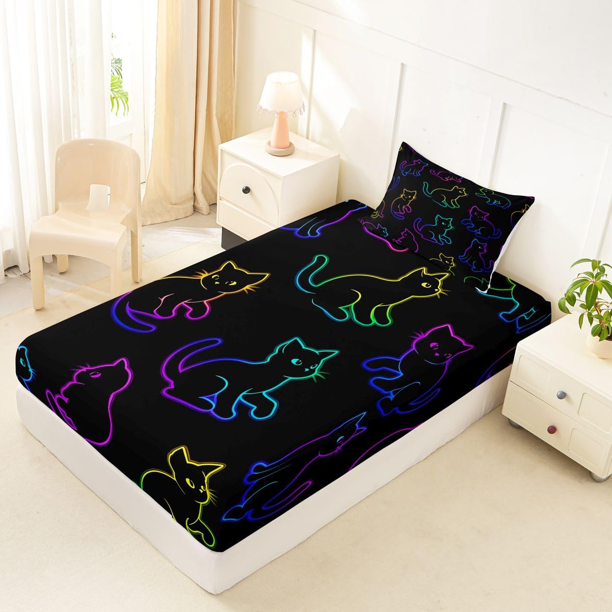Feelyou Cat Fitted Sheet Twin Size for Kids Boys Girls Halloween Themed Bed Sheets Set 16" Deep Pocket Soft Breathable Microfiber Trick or Treat Bedding with 1 Pillowcase Scaredy Cat Room Decor