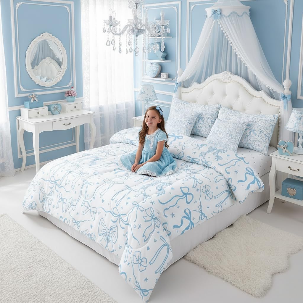 Cute Blue Bowknot 7Pcs Comforter Set Full Size,Cartoon Hand Drawn Stars Love Bow Bedding Set,Kids Girls Sweet Princess Style Fitted Flat Sheet Teens Woman Room Decor,Modern Romantic 4 Pillow Cover