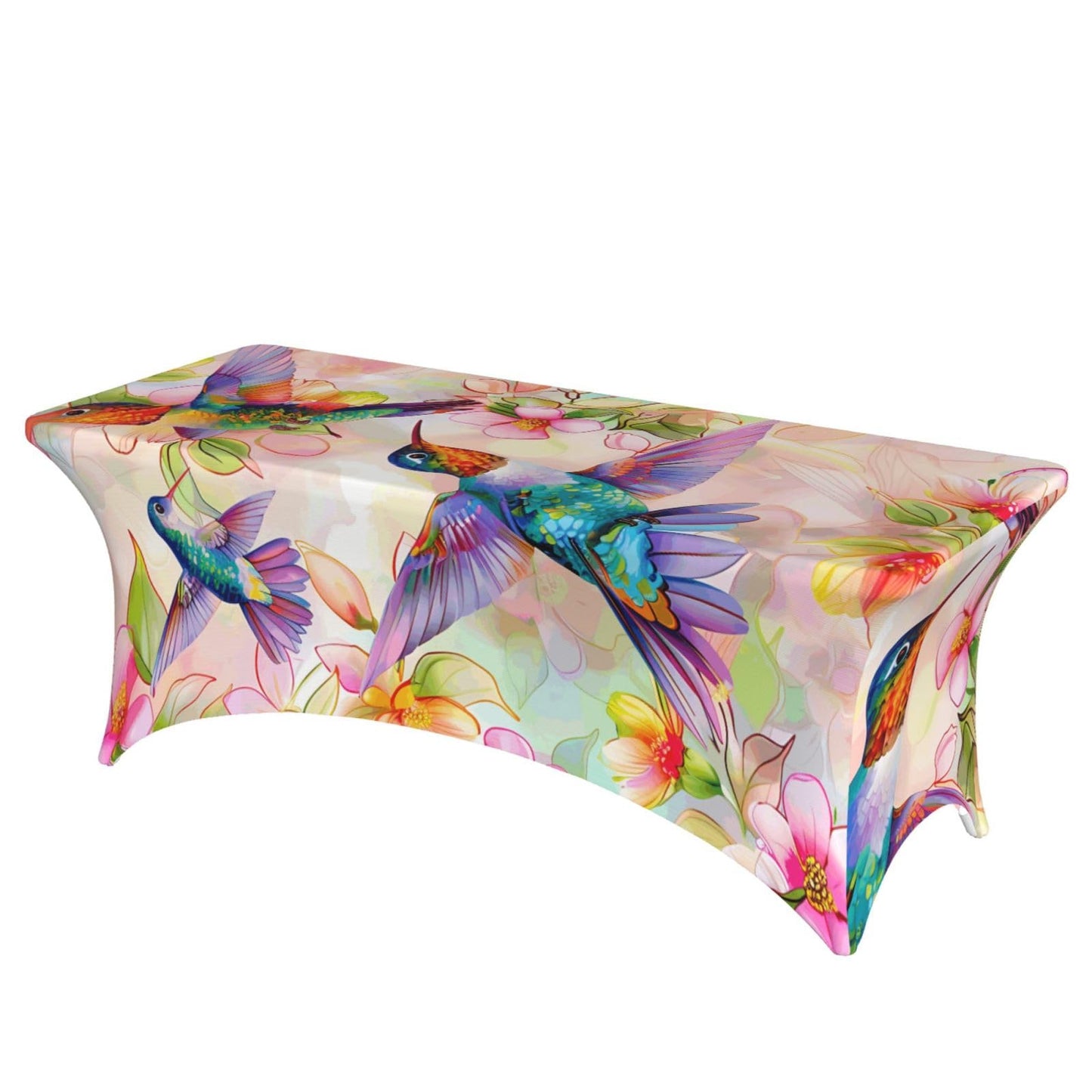 Ginfult Table Cloth Colorful Hummingbird Cherry Blossom Fitted Tablecloth for 6 Foot Rectangle Tables Stretch Table Cover for Party Picnic Wedding