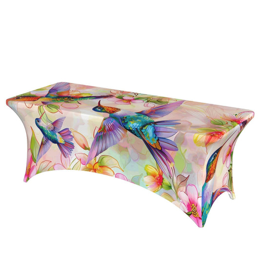 Ginfult Table Cloth Colorful Hummingbird Cherry Blossom Fitted Tablecloth for 6 Foot Rectangle Tables Stretch Table Cover for Party Picnic Wedding