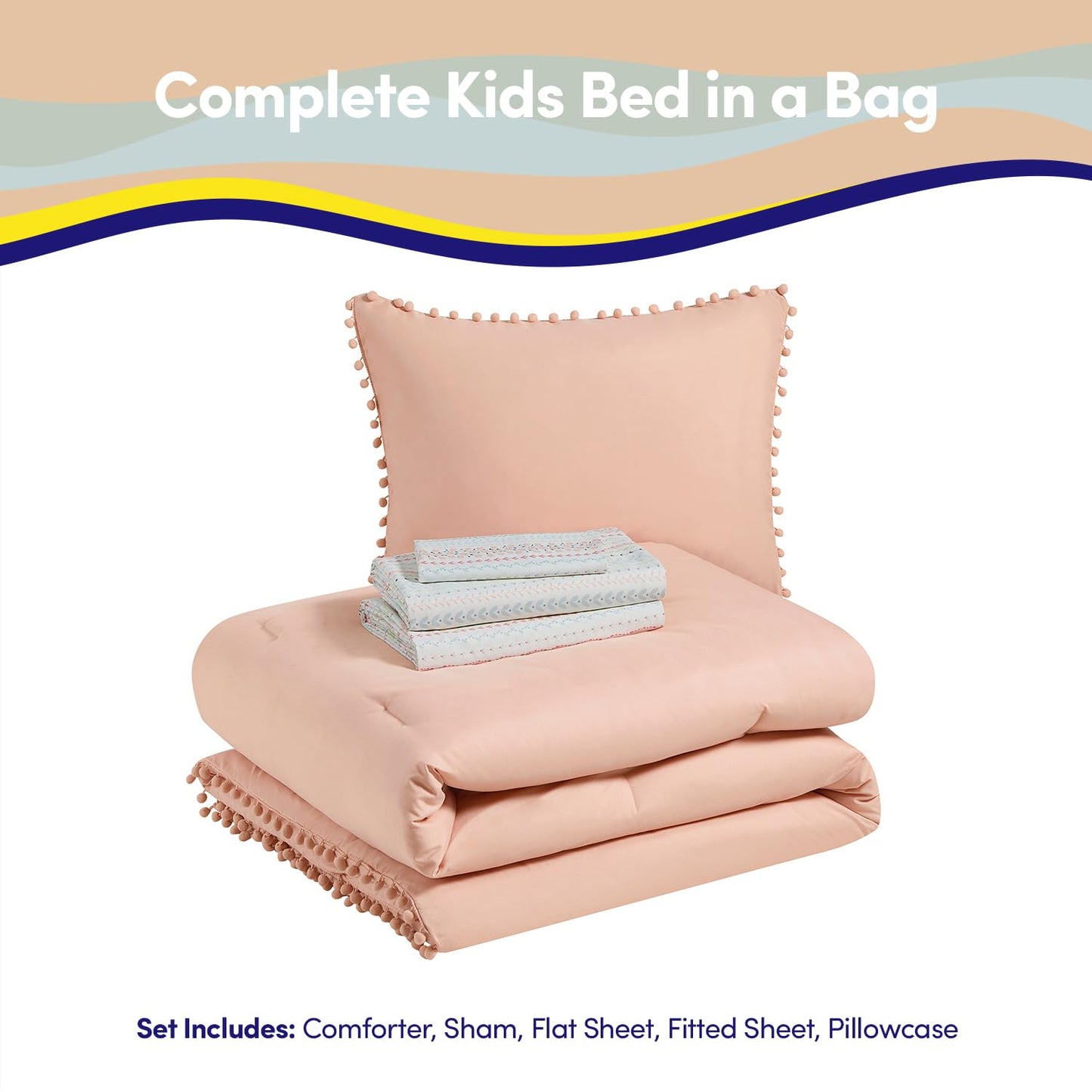 Kids Comforter Set Twin Size – Bed in a Bag with Sheets, Pillowcases & Shams – Soft Stylish Pom Pom Bedding – All Season Girls Bed Set