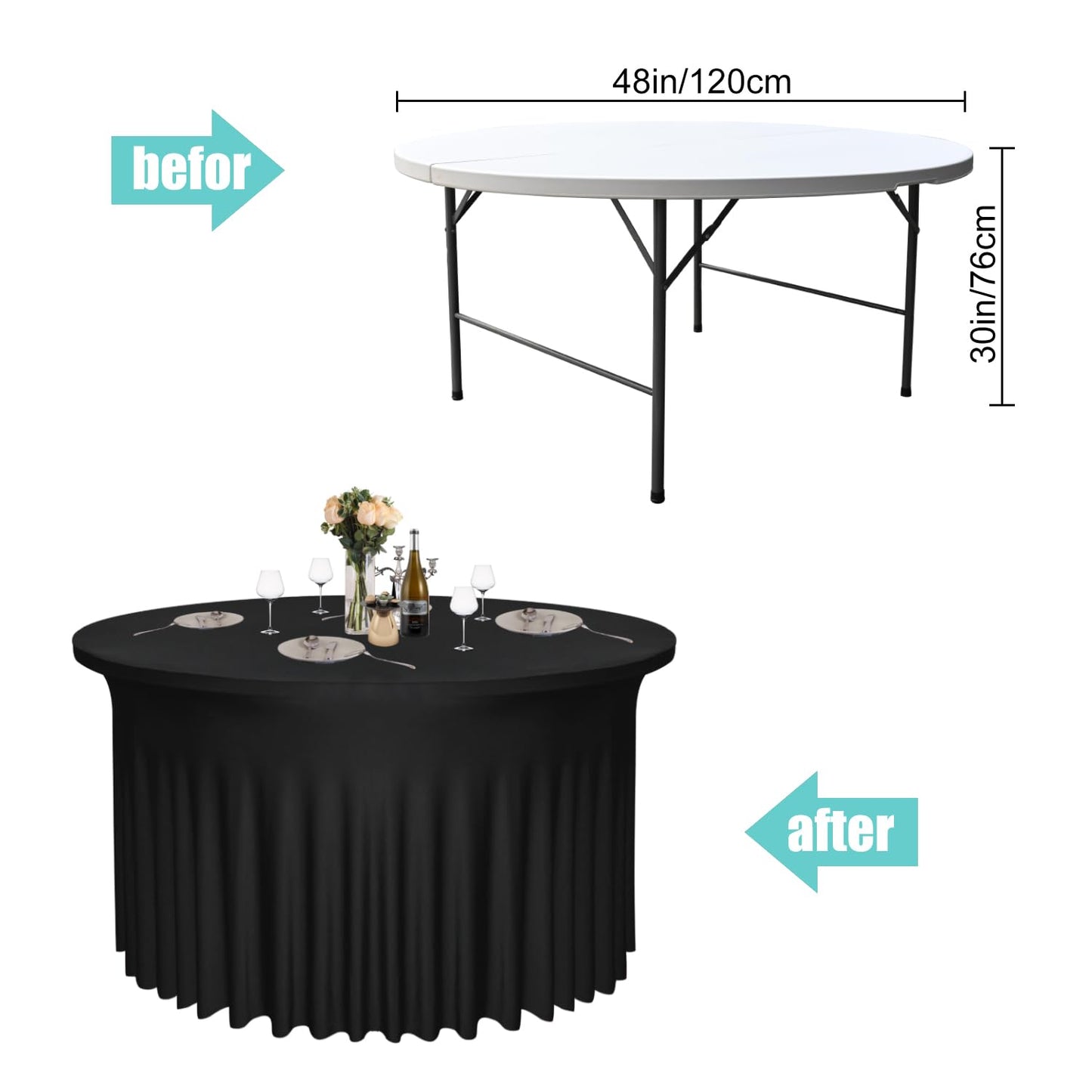 Yoquare 2 Pack 48" Diameter x 30" Height Black Table Skirt | Fits 4FT Round Tables |Polyester Spandex Round Table Cloths with Skirt|Stain 、Wrinkle Resistant、 for Wedding,Party,Dining,Banquet