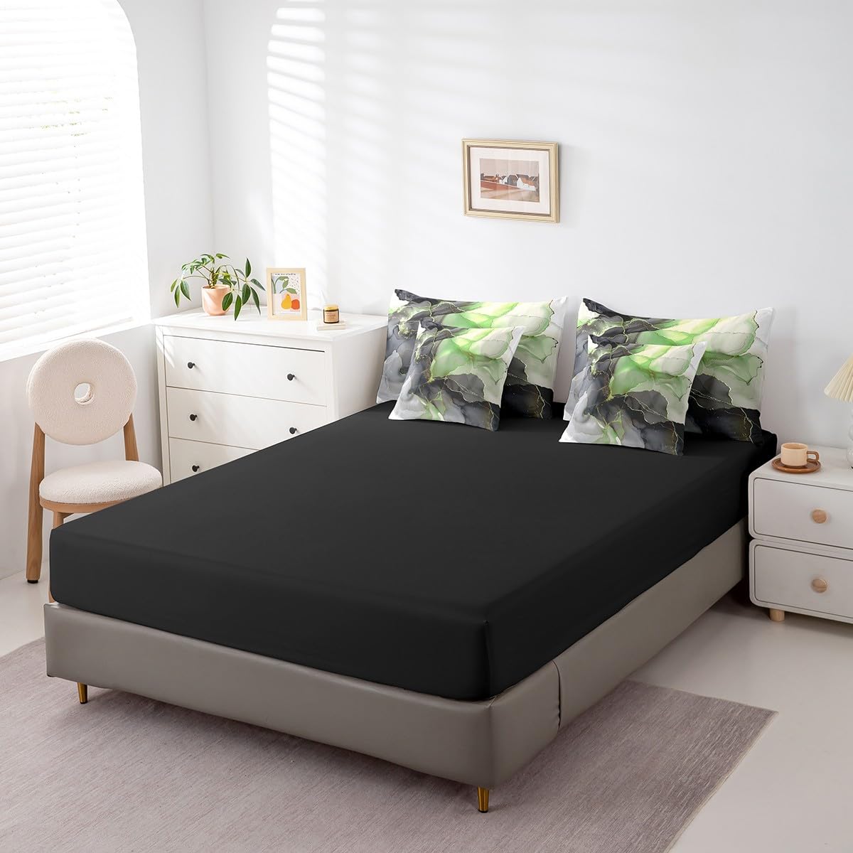 Erosebridal Black and Green Bed in a Bag 7pcs Aesthetic Marble Bedding Set for Girls Women, Foil Print Full Size Comforter Set Mountain Fluid Bedding Comforter Sets, Marbling Bed Set