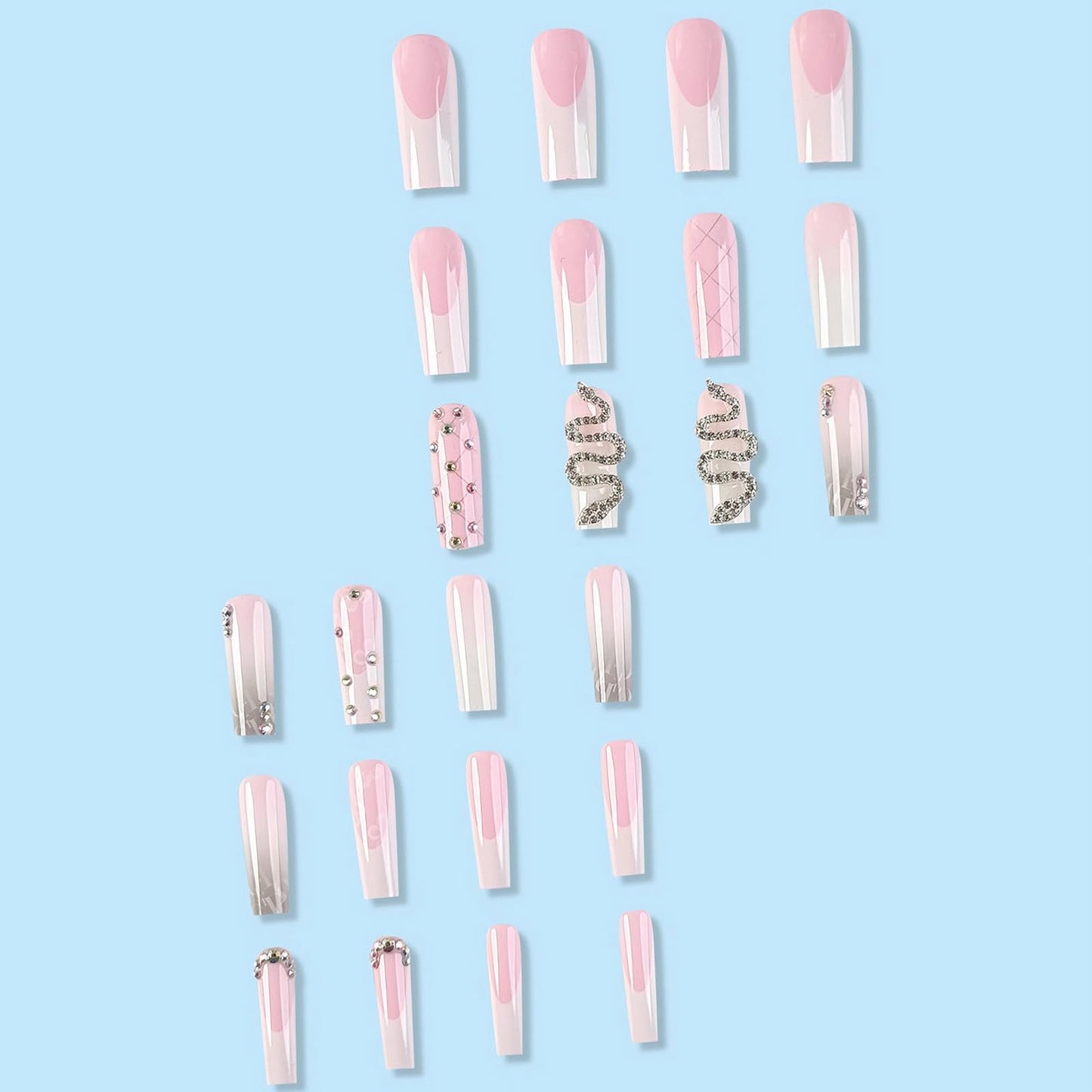 MISUD Press on Nails - Long Square Glue on Nails with French Tip, Acrylic Goth Snake Rhinestone Design 24 pcs