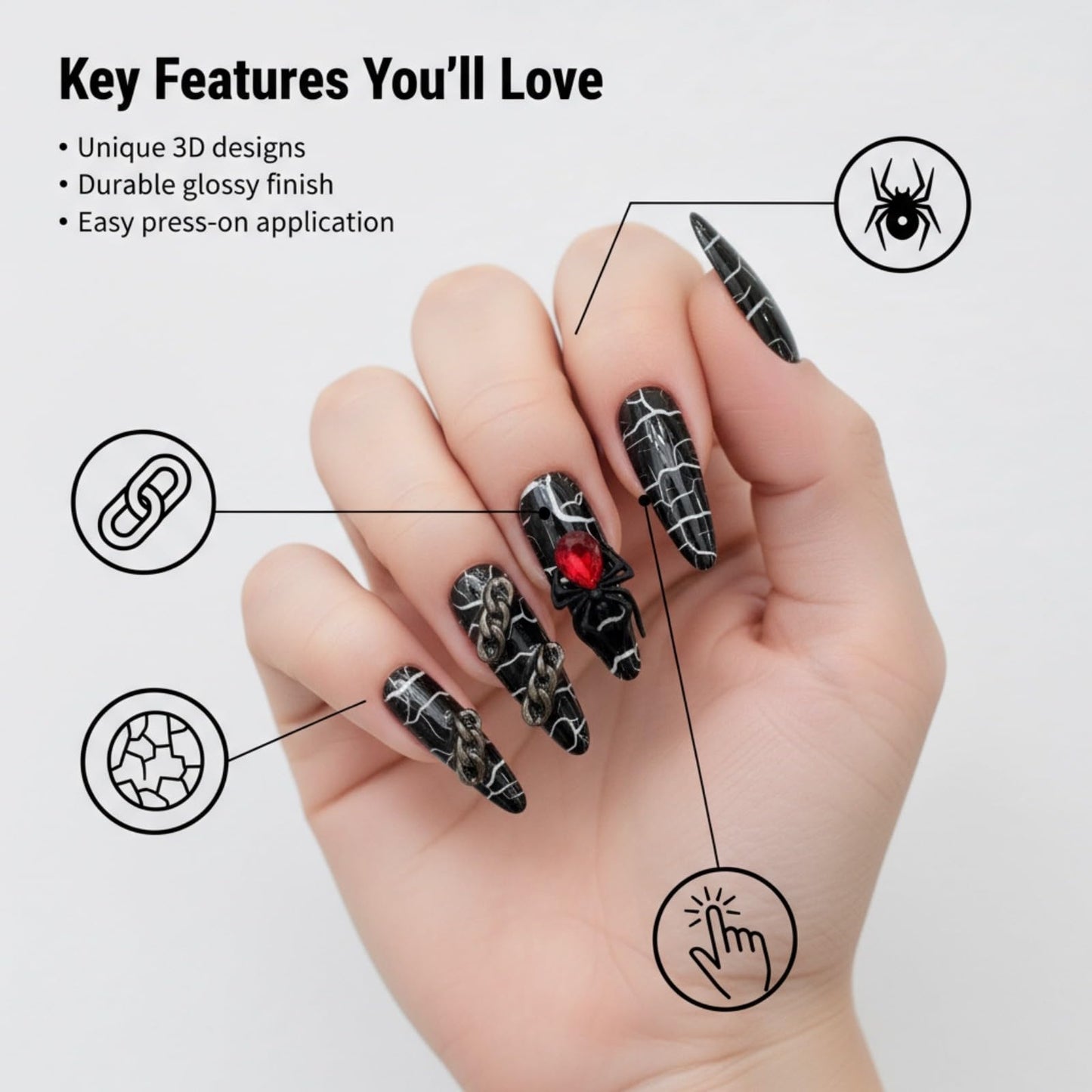 Tesytto Gothic Press on Nails Long Almond - Edgy Black Cracked Nail Art with 3D Spider & Snake Charms, Multi-Layer Gel Reusable Acrylic Nails for Halloween (Nightfall Nymph,M)