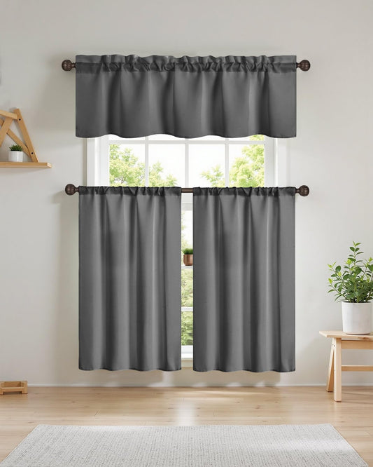 Easy Home 3 Piece Solid Color Blackout Window Curtain Set with Tiers and Valance Rod Pocket Thermal Privacy Curtain Tiers for Kitchen, Living Room, Bathroom Shades, W27 x L36 Inch,(Dark Gray)