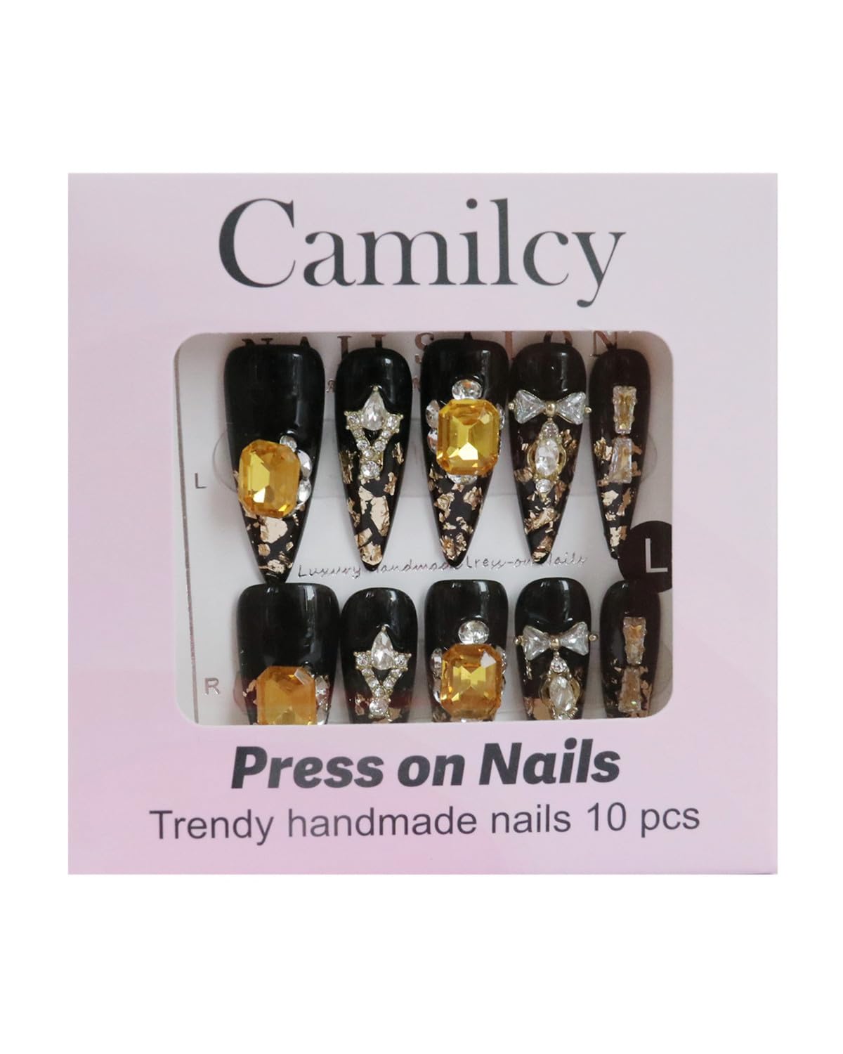 CAMILCY Luxury Handmade Press on Nails Black Gold Stiletto Glossy Reusable Long Fake Nails with Gold Foil Salon Quality Elegant Acrylic Artificial Nails for Women 10pcs (A020, M)