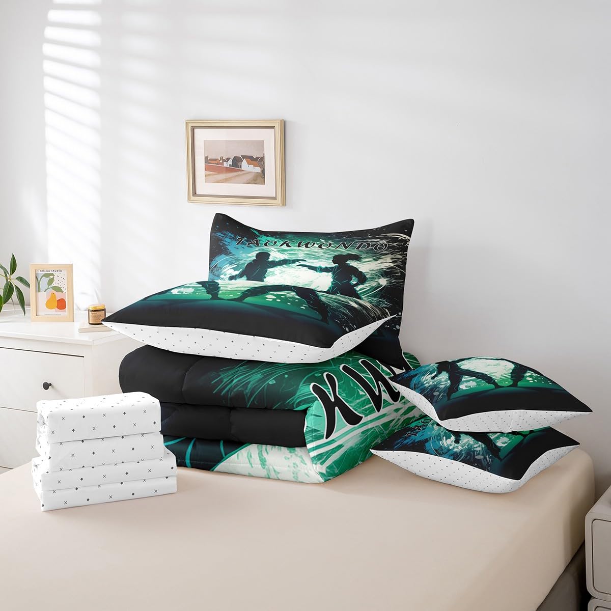 Erosebridal Taekwondo Full Bedding Set with Sheets,Japanese Anime Style Bed Set 7 Piece for Boys Teen Kids Bedroom Decor,Sports Themed Comforter Sets with Fitted Sheet,Flat Sheet,Pillowcases