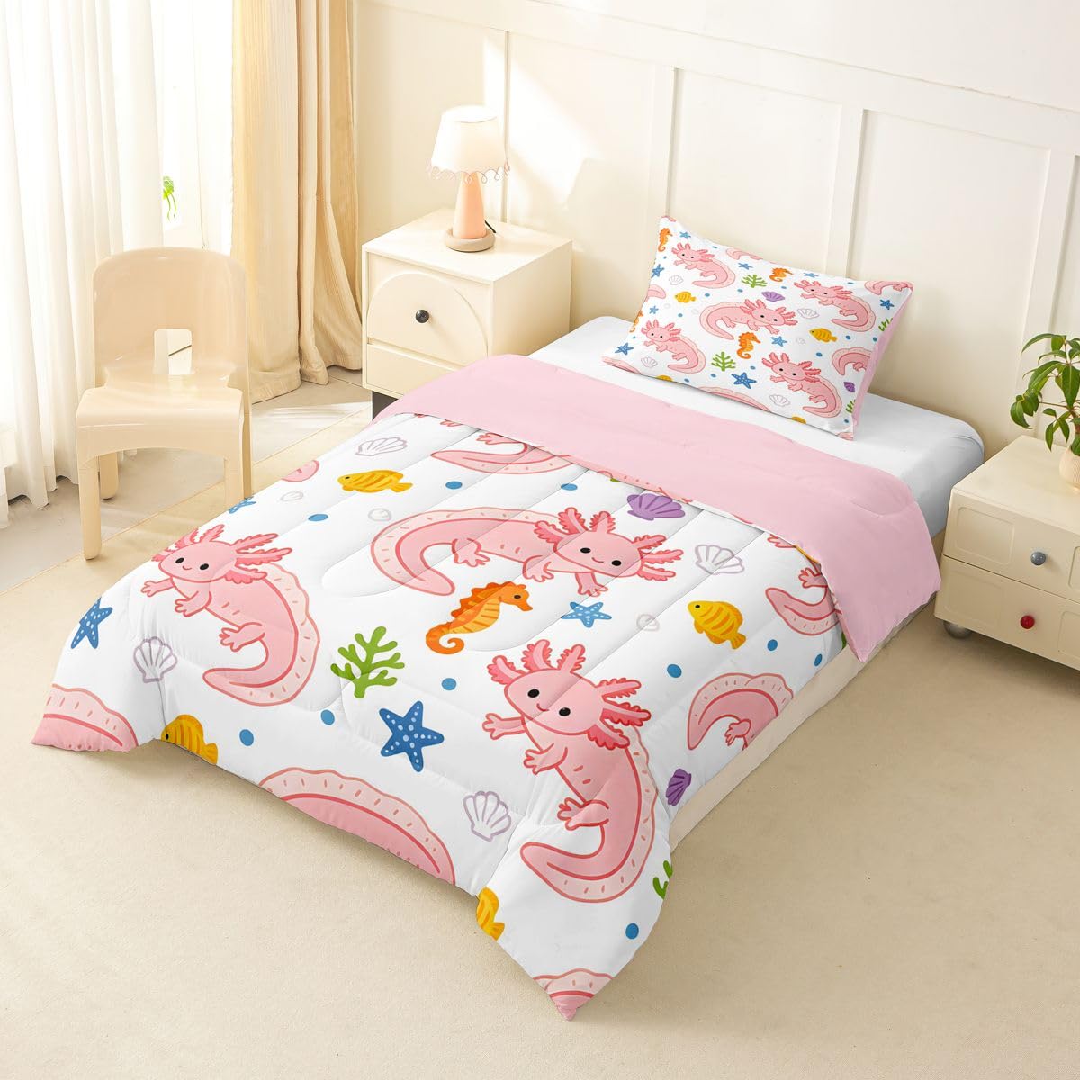 Cartoon Axolotl Kids Comforter Toddler Size,Kawaii Salamander Ocean Sealife Print Quilt Set for Kids Boys Girls Bedroom Decor,Cartoon Ocean Wildlife Bedding Set,Pink White Duvet Insert,1 Pillowcase