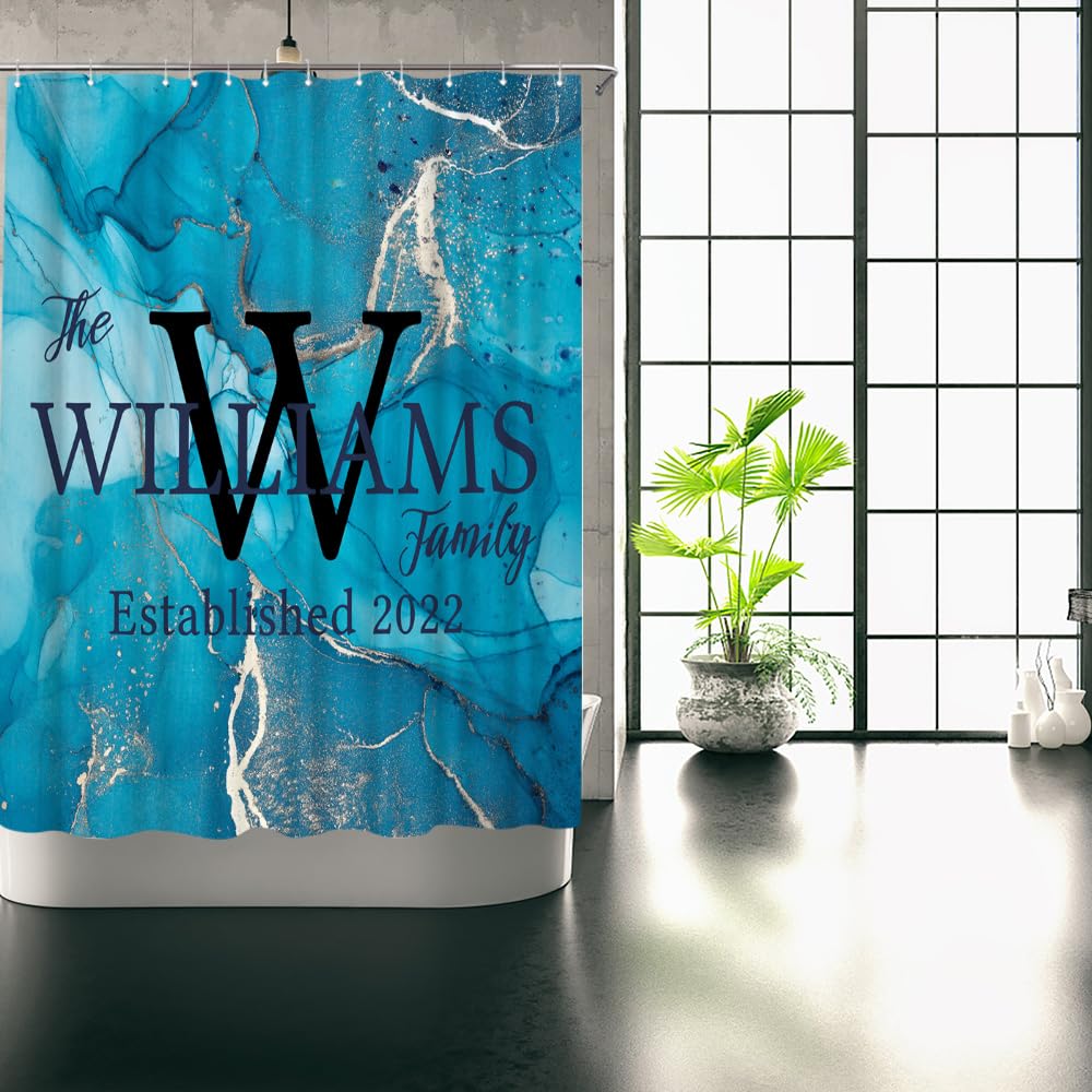 iLOOKLiKE Personalized Family Last Name with Marble Shower Curtain Custom Monogram Abstract Blue Gold Texture Art Bathroom Curtain Set Bathtubs Decor with 12 Hooks Modern Fabric Polyester 72x72inch