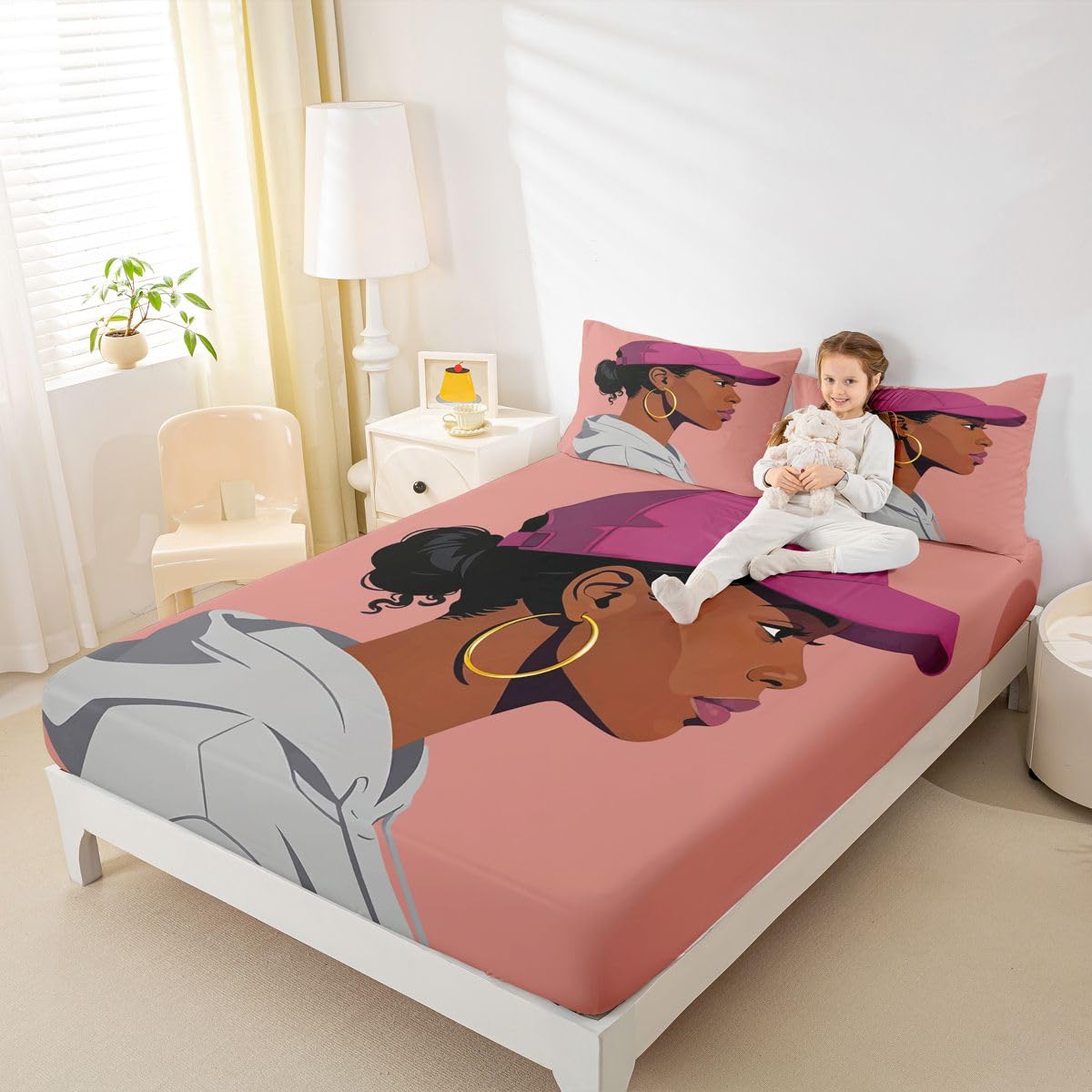 Erosebridal Black Girls Girls Bed Sheets Full Size Fashion Black Woman Fitted Sheet Vogue Fashionable Gorgeous Bedding Set for Kids Children Women Bedroom Decor African Princess Magical Sheets