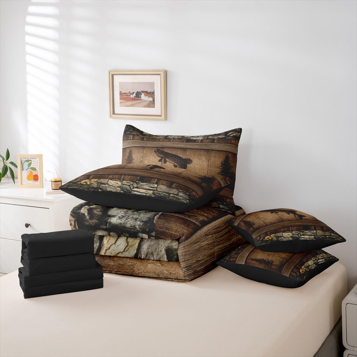 Erosebridal 7 Pieces Kids Camo Pike Fish Comforter Set for Teens Adults - Full Size Rustic Hunting and Fishing Bedding Set Country Farmhouse Cabin Bed in A Bag Rural Woodland Wild Animal Quilt Sets