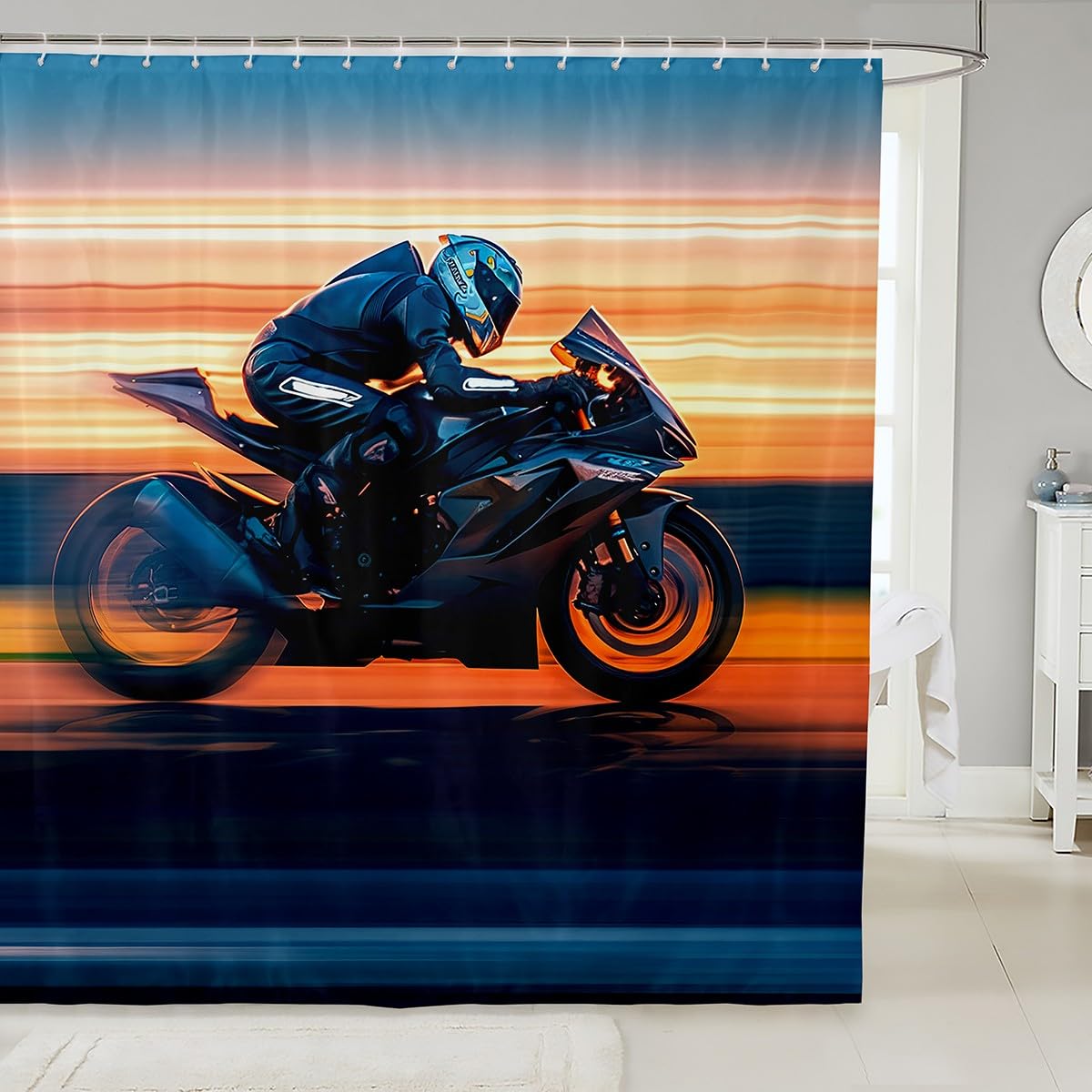 Feelyou Boys Girls Dirt Bike Shower Curtain Racing Motocross Rider Bath Curtain Motorbike Bathroom Shower Curtain Set Kids Extreme Sports Teens Bathroom Accessories Bedroom Decor 72"x78"