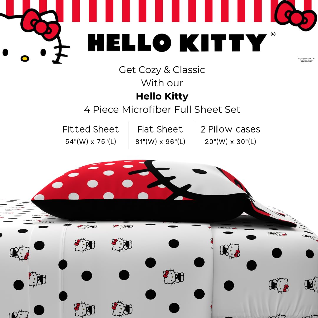 Collectibles Hello Kitty Polka Dot Bedding Super Soft Microfiber 4 Piece Full Sheet Set, (Officially Licensed Product) by Franco