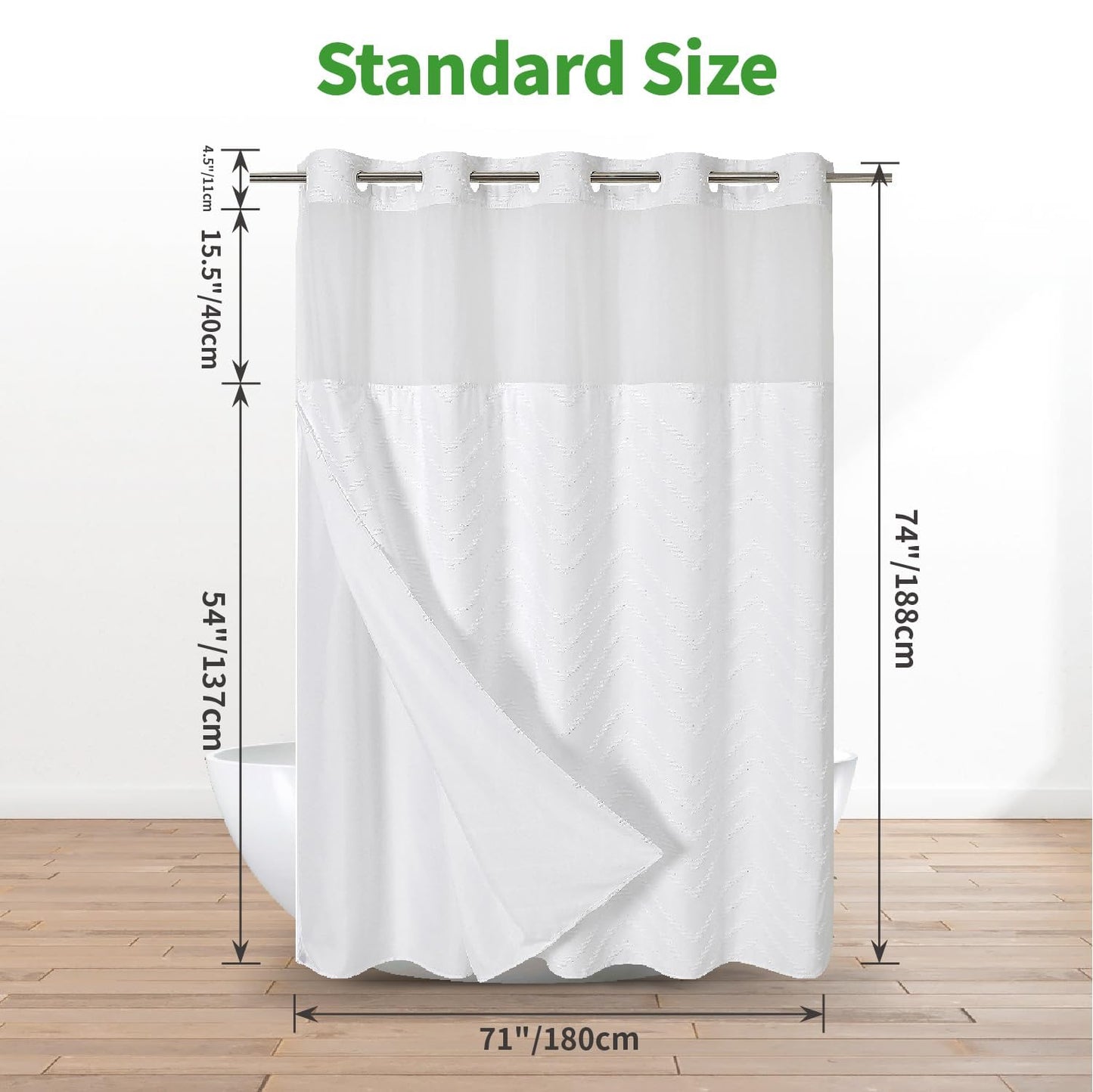 eachope No Hook Tufted Chevron Striped Shower Curtain with Snap-in Fabric Liner set-71Wx74H,Hotel Grade,Boho Style Waterproof Shower Curtain with See Through Top Window,White