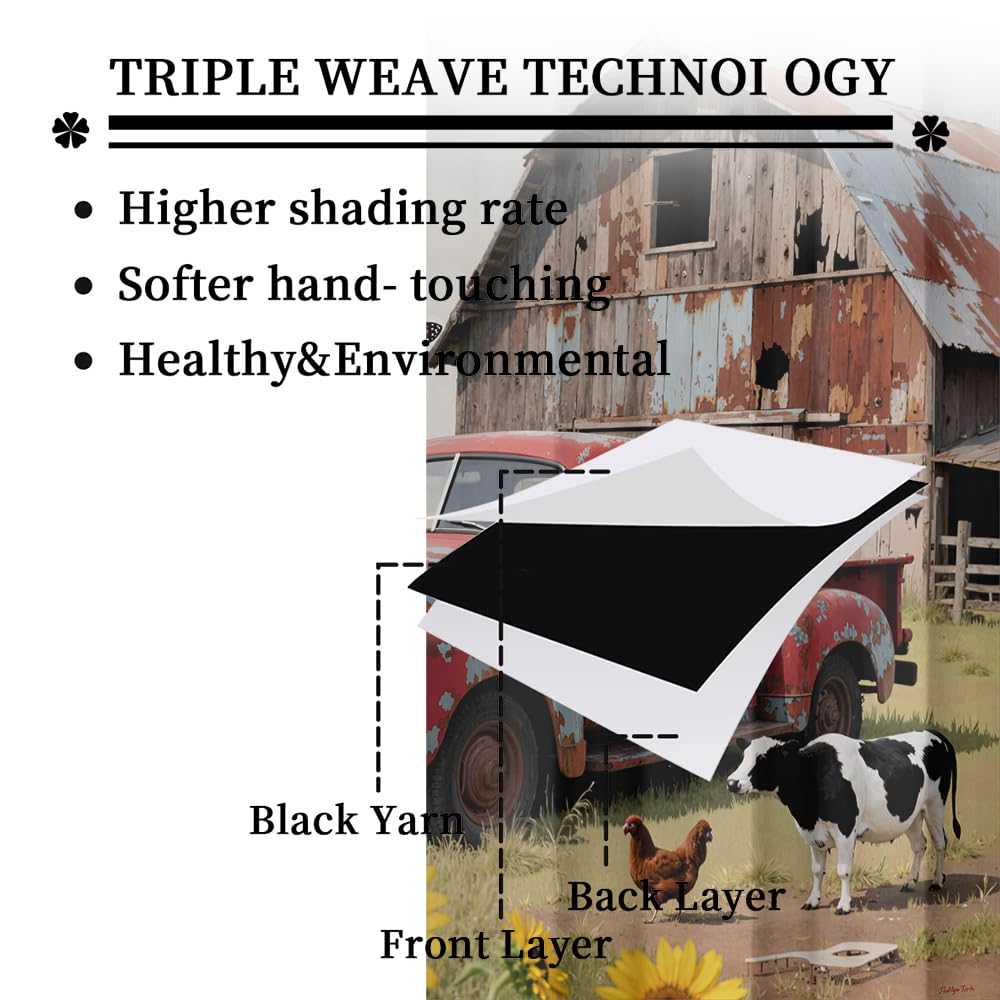 Rustic Farmhouse Red Truck Blackout Curtains-Retro Farm Barn Windmill Rod Pocket Back Tab Drapes,Vintage Country Sunflower Cow Chicken Thermal Insulated Light Blocking Curtain,2pcs,Each 21“W x 45”L