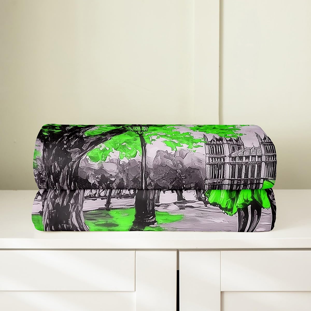 Erosebridal London Cityscape Artwork Flannel Blanket Throw 50x60 Inch Adults Oil Painting Big Ben Fleece Blanket for Women Romantic Couple Fuzzy Plush Throw Aesthetic Neon Green Cherry Blossom Decor