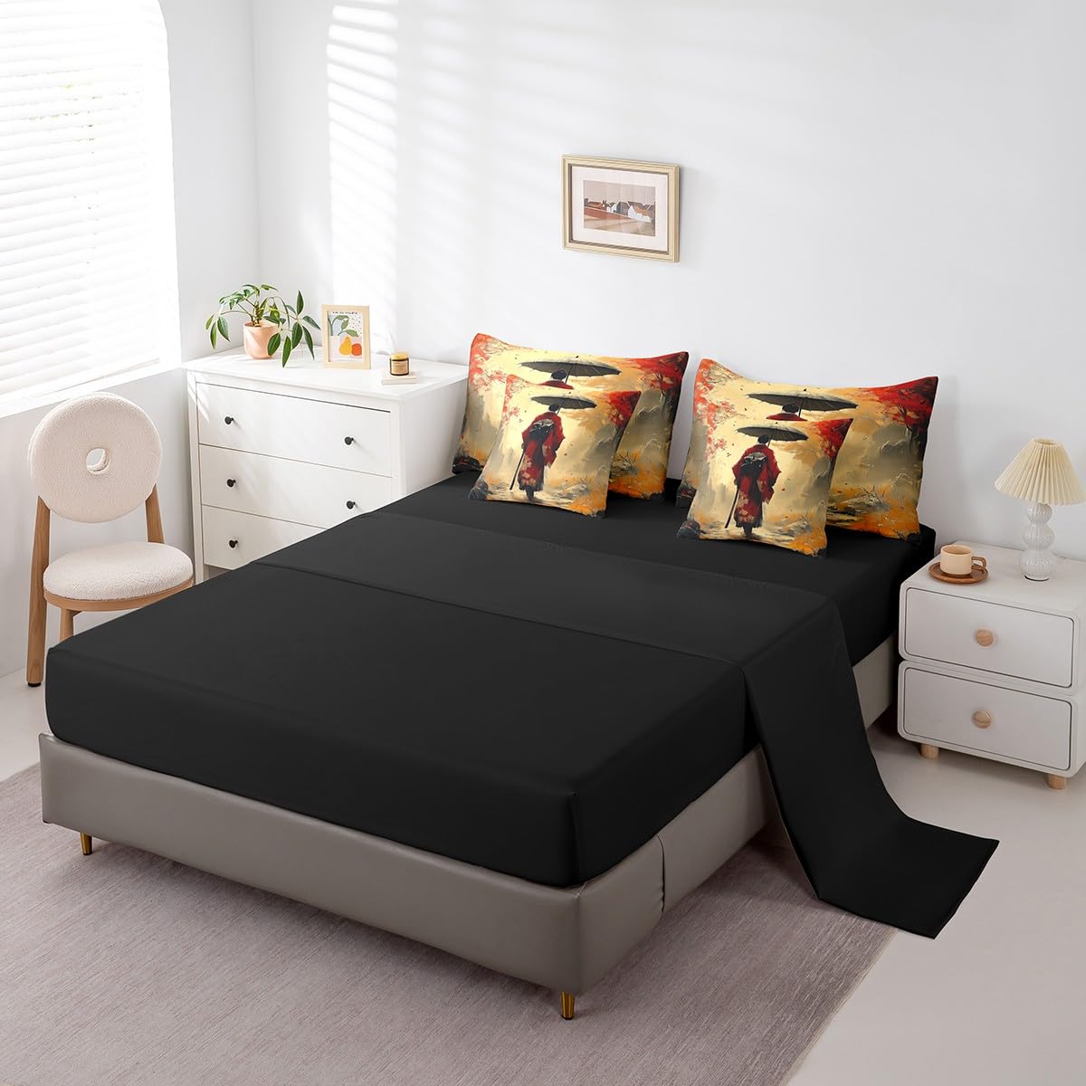 Erosebridal Aesthetic Japanese Bedding Set 7Pcs,Japan Kimono Comforter Set Twin for Girl Women Lady,Samurai Ukiyoe Quilt,Japan Scenery Bed in a Bag