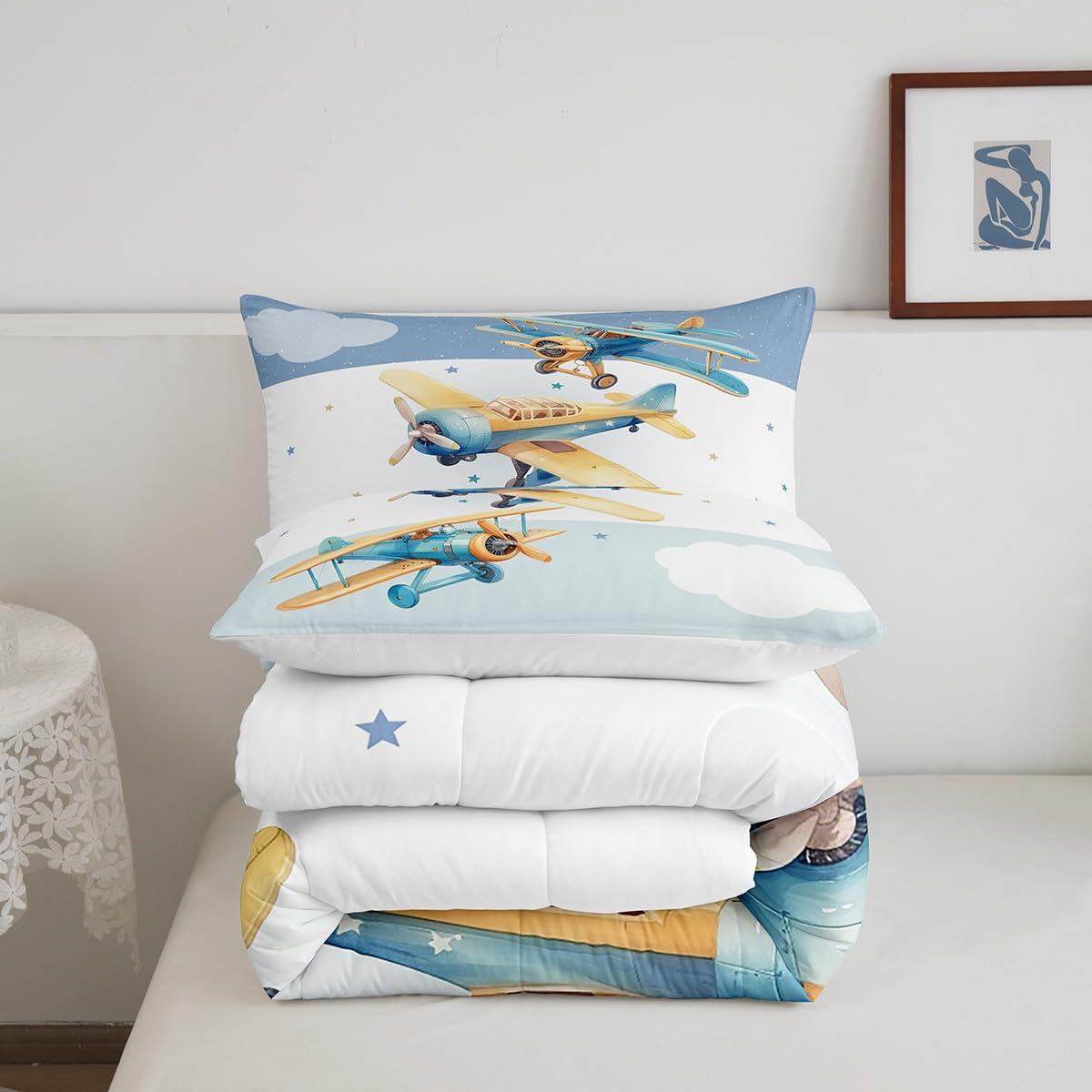 Manfei Cartoon Airplane Queen Size Comforter Set 3 Pcs,Aviation Aircraft Modern Plane Down Alternative Bedroom Decor,Sky Clouds Stars Blue White Stripes Print Ultra Soft Microfiber Inner Fill 3Pcs