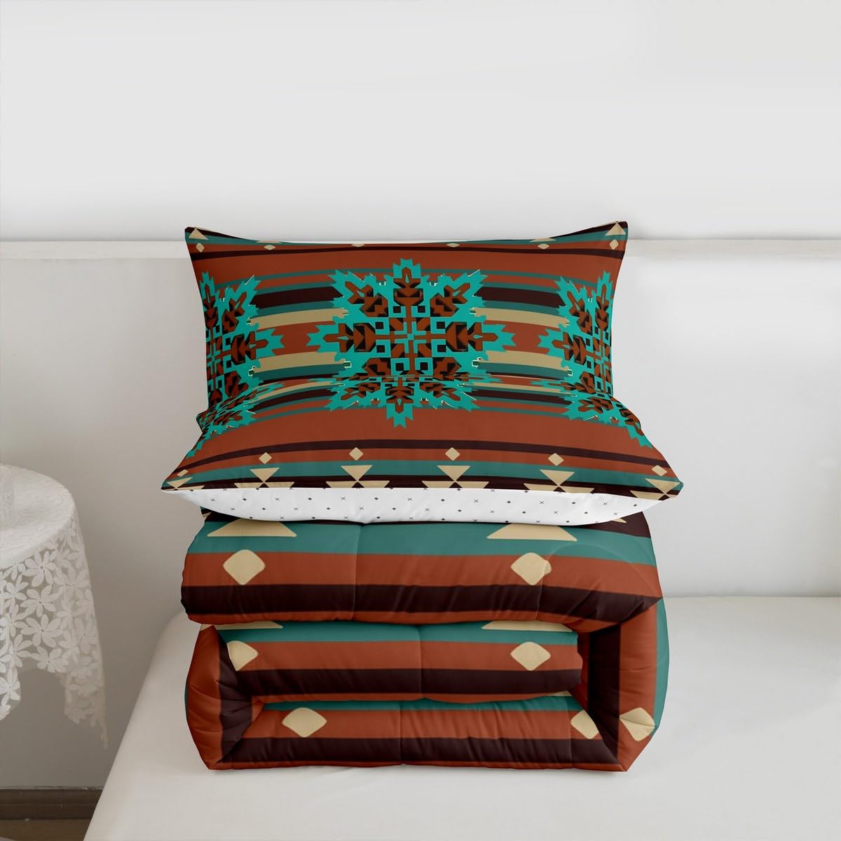 jejeloiu Western Aztec Bedding Set Soft for Boys Girls, Native American Comforter Set Queen Size Geometric Duvet Quilt Microfiber Boho Bedroom Decor 3 Pcs with 2 Pillow Cases