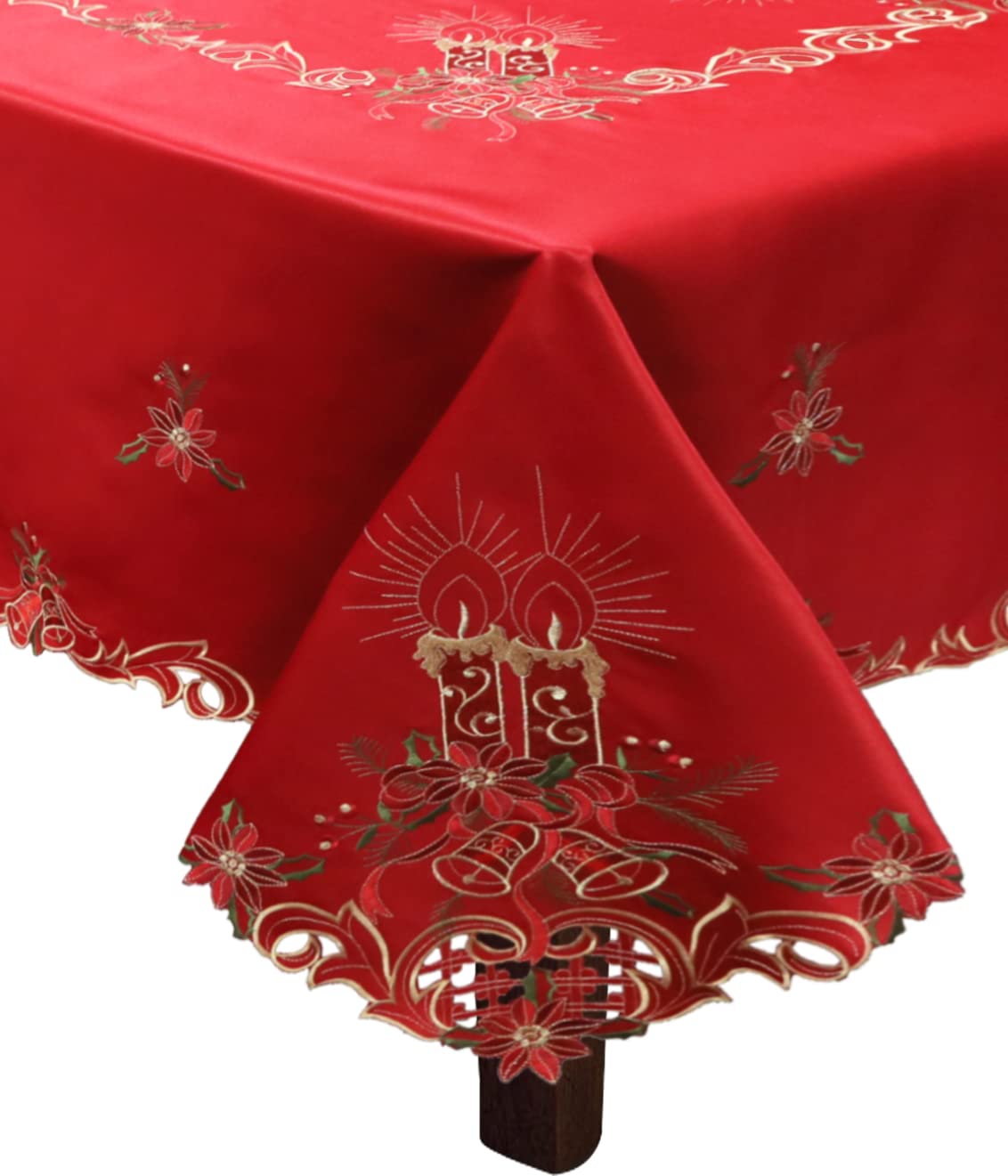 Creative Linens Holiday Christmas Embroidered Poinsettia Candle Bell Tablecloth 70x90 Rectangular with 8 Napkins RED Gold