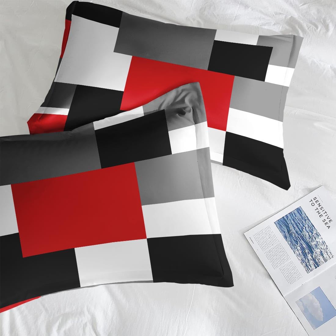 Culudea Geometric Red Checkered Comforter Set Twin Size, Black and Gray Modern Soft Bedding Set with Pillowcases for Girls Teens Kids Boys Adults Bedroom Bed Decor,1 Quilt 1 Pillow Case