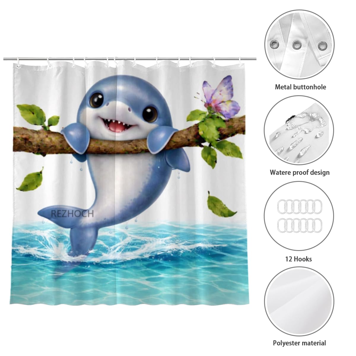 REZHOCH Cute Dolphin Shower Curtain Adorable Animal Hanging on Tree Branch Funny Cartoon Butterfly Bath Curtain Waterproof Fabric Home Bathroom Decor 72x72Inch with 12 Hooks