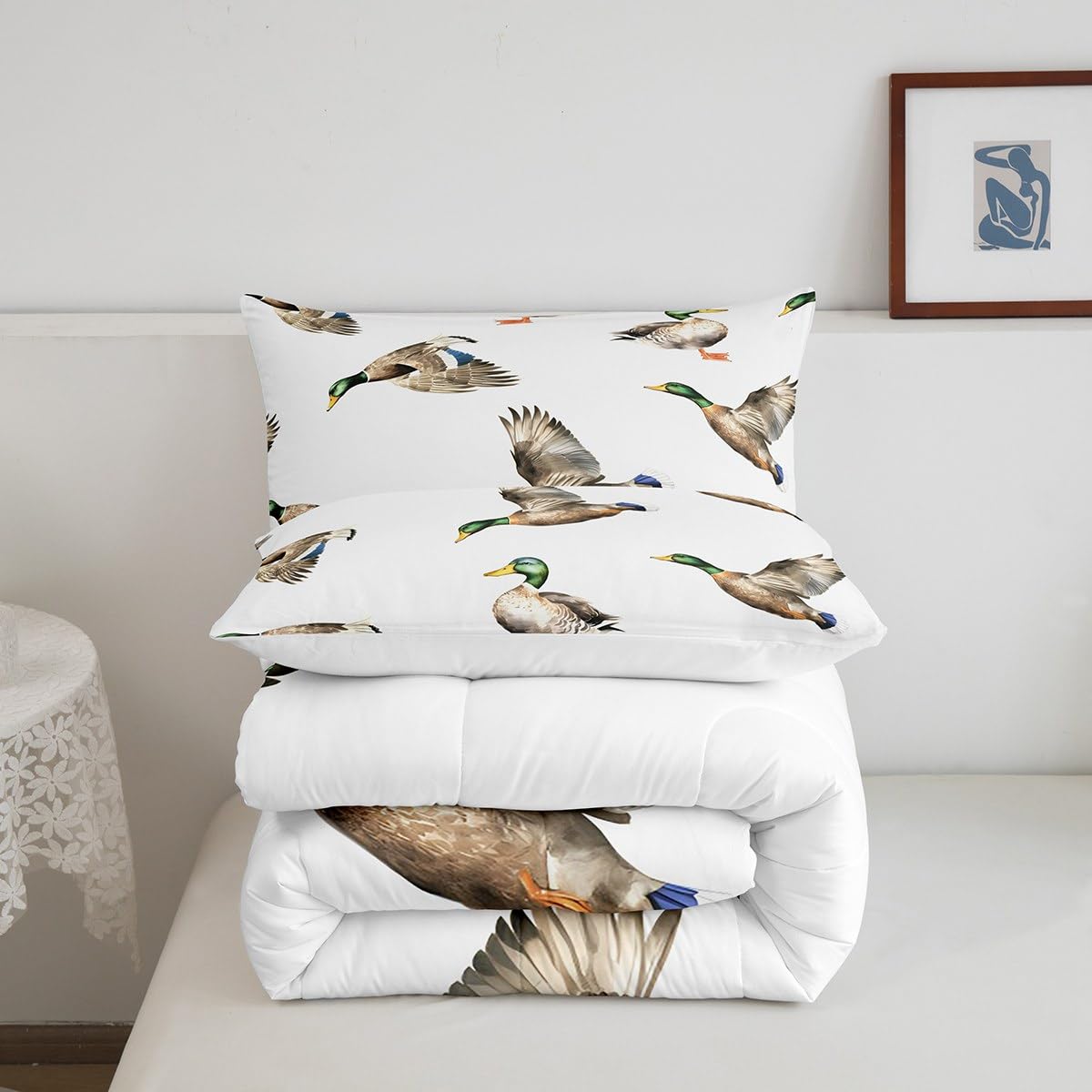 Feelyou Mallard Duck Bedding Set Hunting and Fishing Comforter Set Wild Animal Comforter for Boys Girls Kids Wildlife White Duvet Set Twin Size with 1 Pillow Case