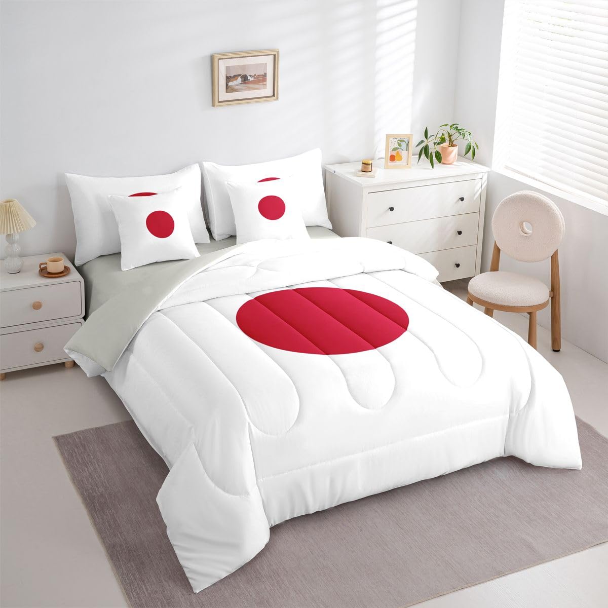 Feelyou Japanese Flag Comforter Set with Sheets 7 Piece King Size Japan Bed in a Bag Kids Boys Girls World Countries Bedding Set Bedroom Decor Breathable Soft Lightweight Microfiber