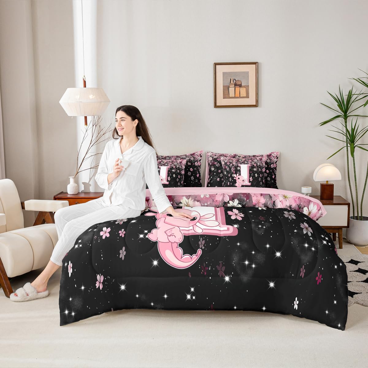 Erosebridal Japanese Cherry Blossom Bedding Set (Twin Size,7 Pieces) Cute Initial Axolotl Comforter Set with Sheets for Teen Girl Pink Axolotl Bed in A Bag with Letter I Design Monogram Duvet Insert
